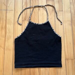 Brandy Melville Black Leopard Trim Halter Crop Top Tank Women